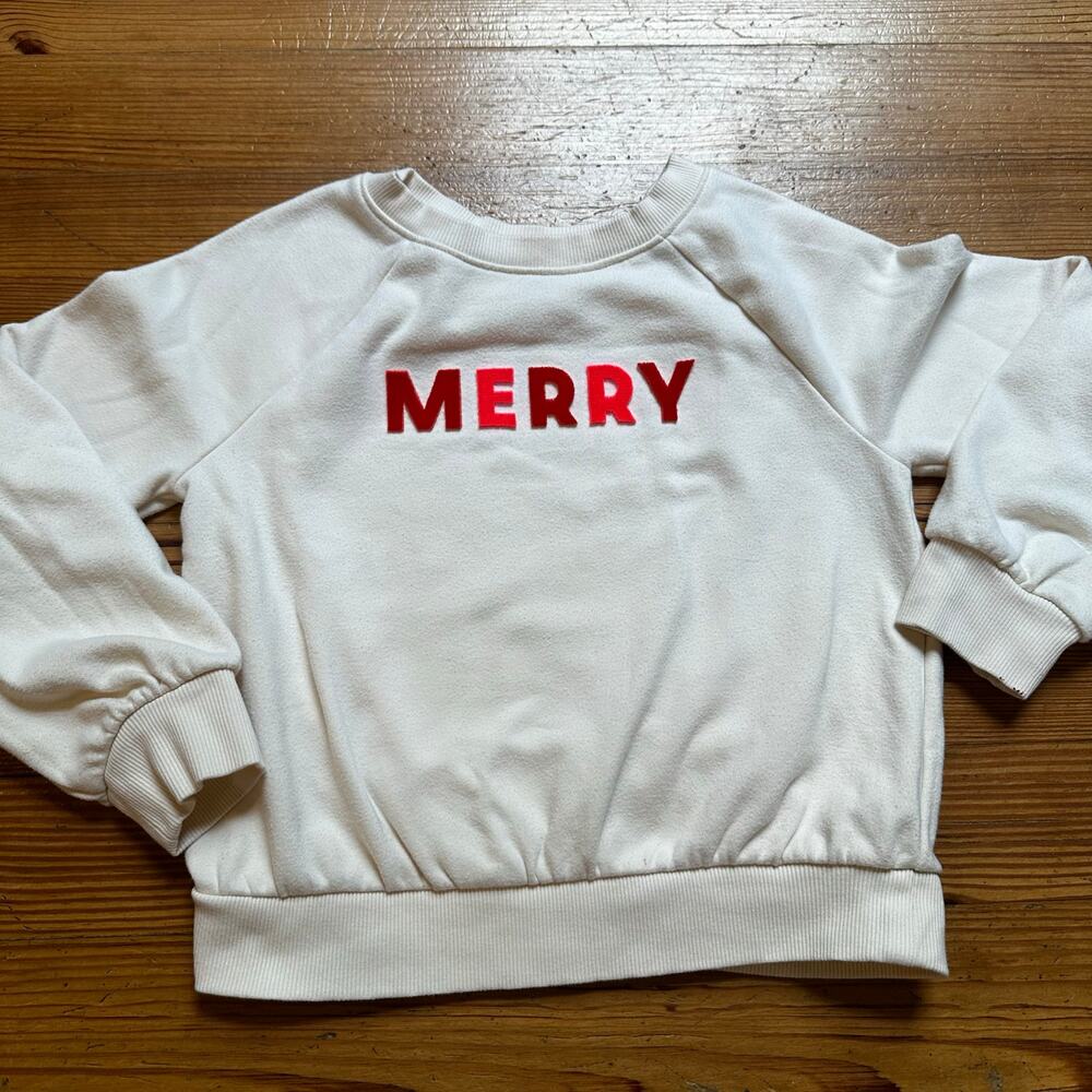 Cat & Jack cream Christmas red Merry lettering‎ crew sweatshirt SIZE 8